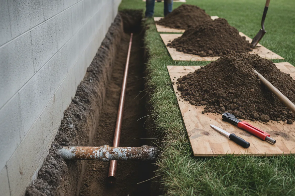 Excavated water line trench during Water Heater Repair in New Park